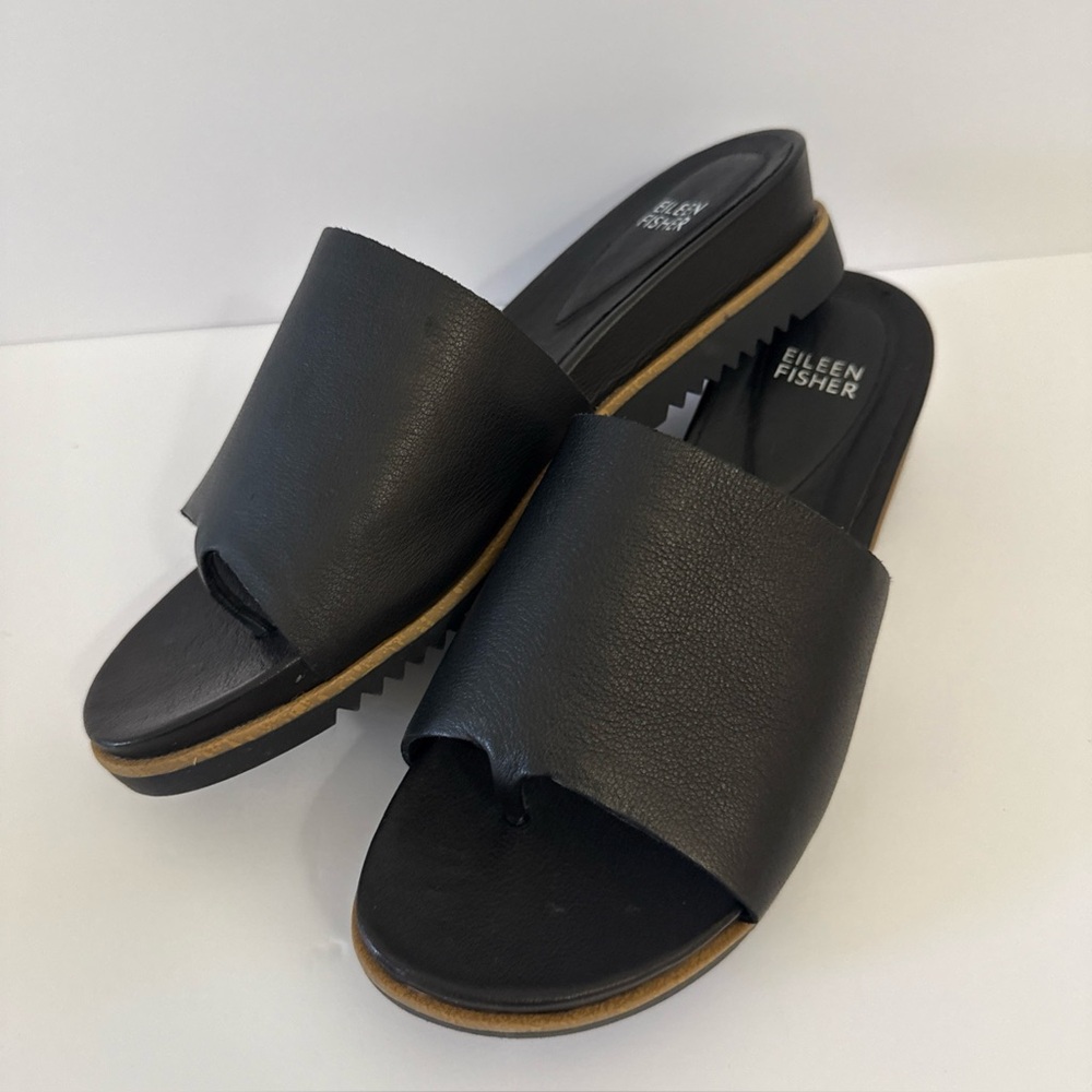 Eileen Fisher Koha Tumbled Black Leather Wedge Sandals Shoes Women’s Sz 8.5 New